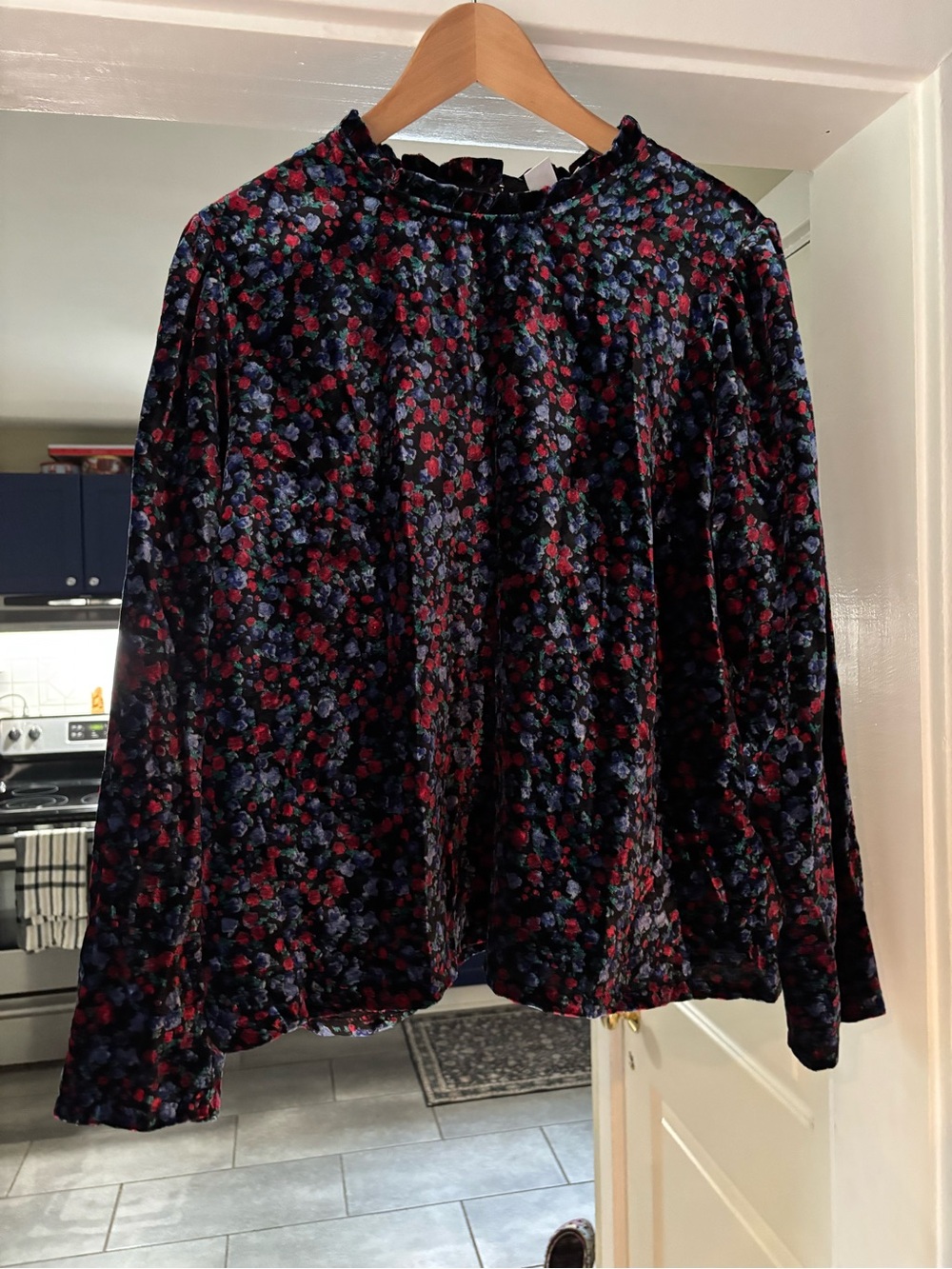 GAP Black Velvet Blouse with Red & Blue Floral Print